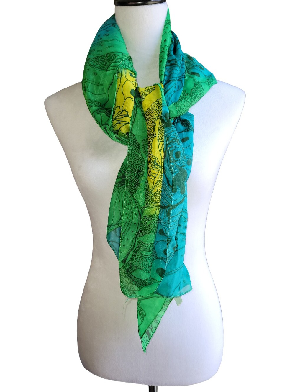 Silky Green, Yellow & Blue Scarf With Black Floral Print 39" x 39"